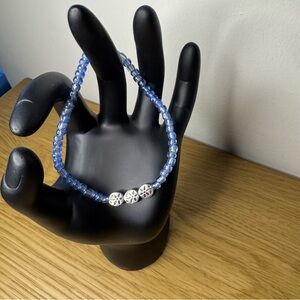 Glass Beaded Elastic Bracelet Blue Metal Antique Silver Plated Flower